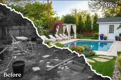 Before and after AI landscape design visualization of a backyard makeover