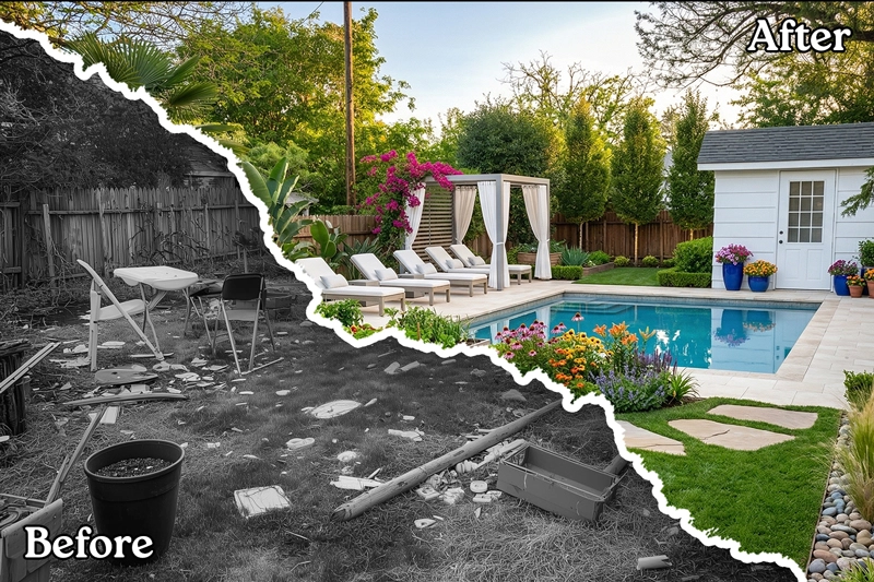 Before and after AI landscape design visualization of a backyard makeover