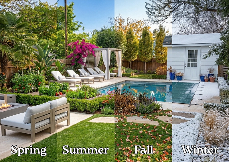 Seasonal yard previews showing spring summer fall and winter landscape views